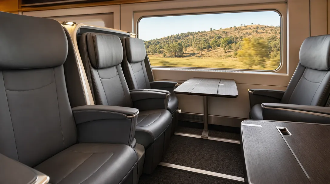 Alfa Pendular first class: wide grey leather seats in a 2+1 layout with a window table