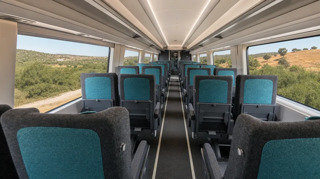 Alfa Pendular second class: modern grey and teal seats in a 2+2 layout