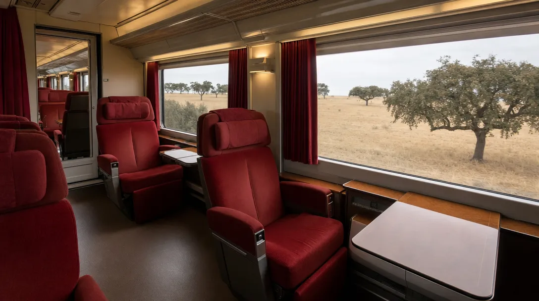 Intercidades first class: plush red reclining seats in a 2+1 layout by large windows
