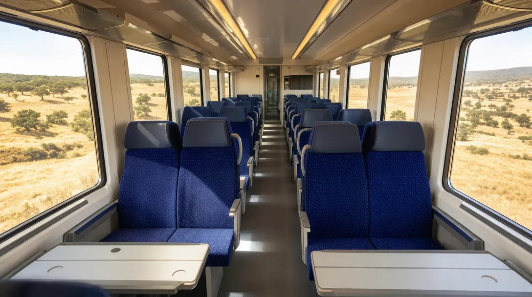 Intercidades second class: blue reclining seats in a 2+2 layout with fold-down tables