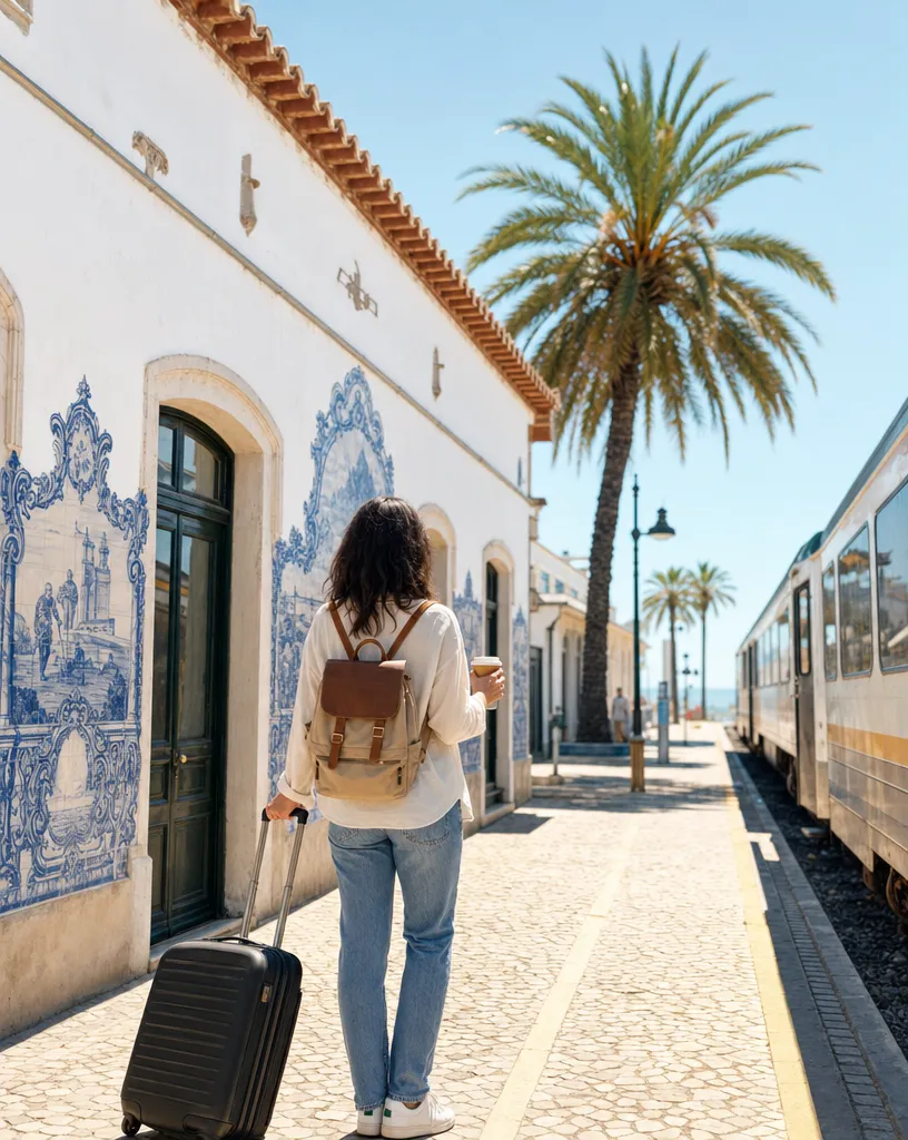 Traveler with a suitcase and coffee on a sunny platform at a whitewashed Algarve station decorated with blue azulejo tiles