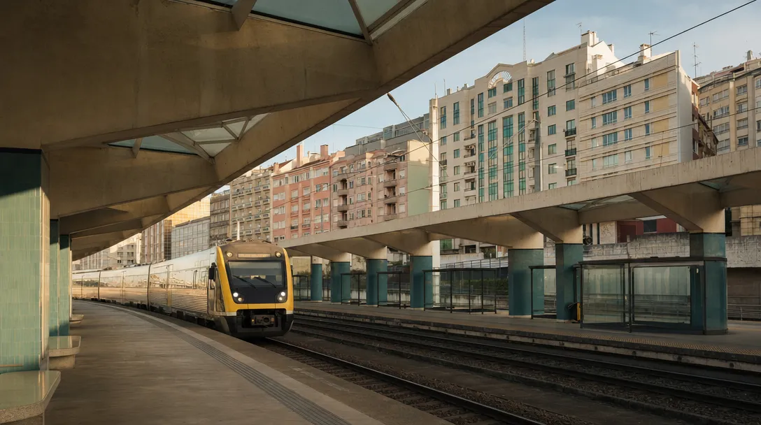 Lisboa Entrecampos station with covered platforms and city apartment blocks behind