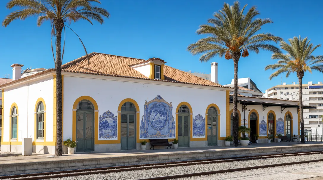 Whitewashed Faro railway station with yellow trim, azulejo tile panels and palm trees