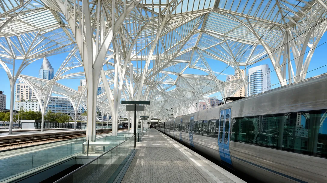 Lisboa Oriente station with its forest of white steel tree-like columns over the platforms